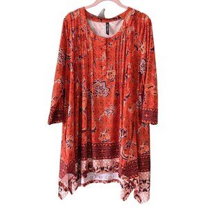 White Mark Floral Tunic Top 1XL 3/4 Sleeve Boho Assymetric Hem Red Orange Womens